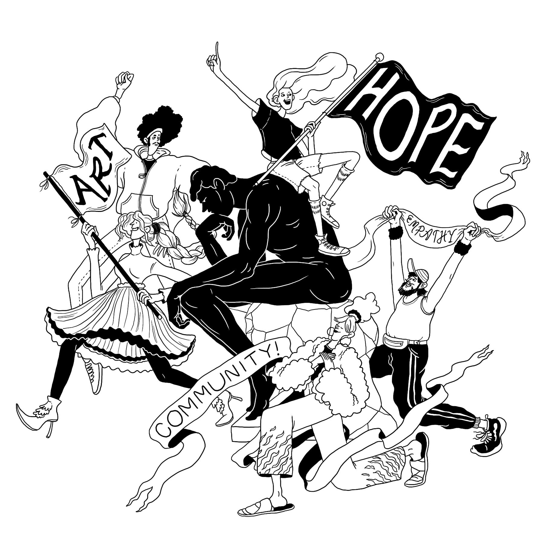 black and white illustration depicting arts education with a communal and hopeful feeling