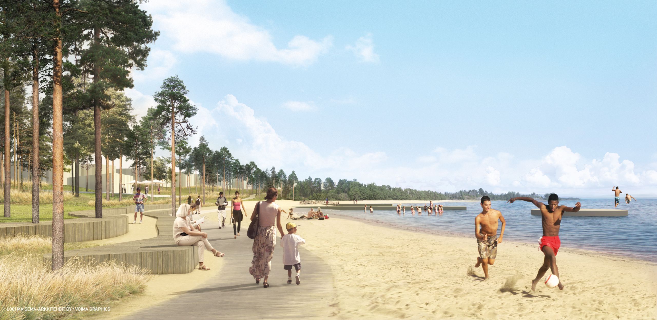 Illustration of beach with people playing sports and enjoying the outdoors.