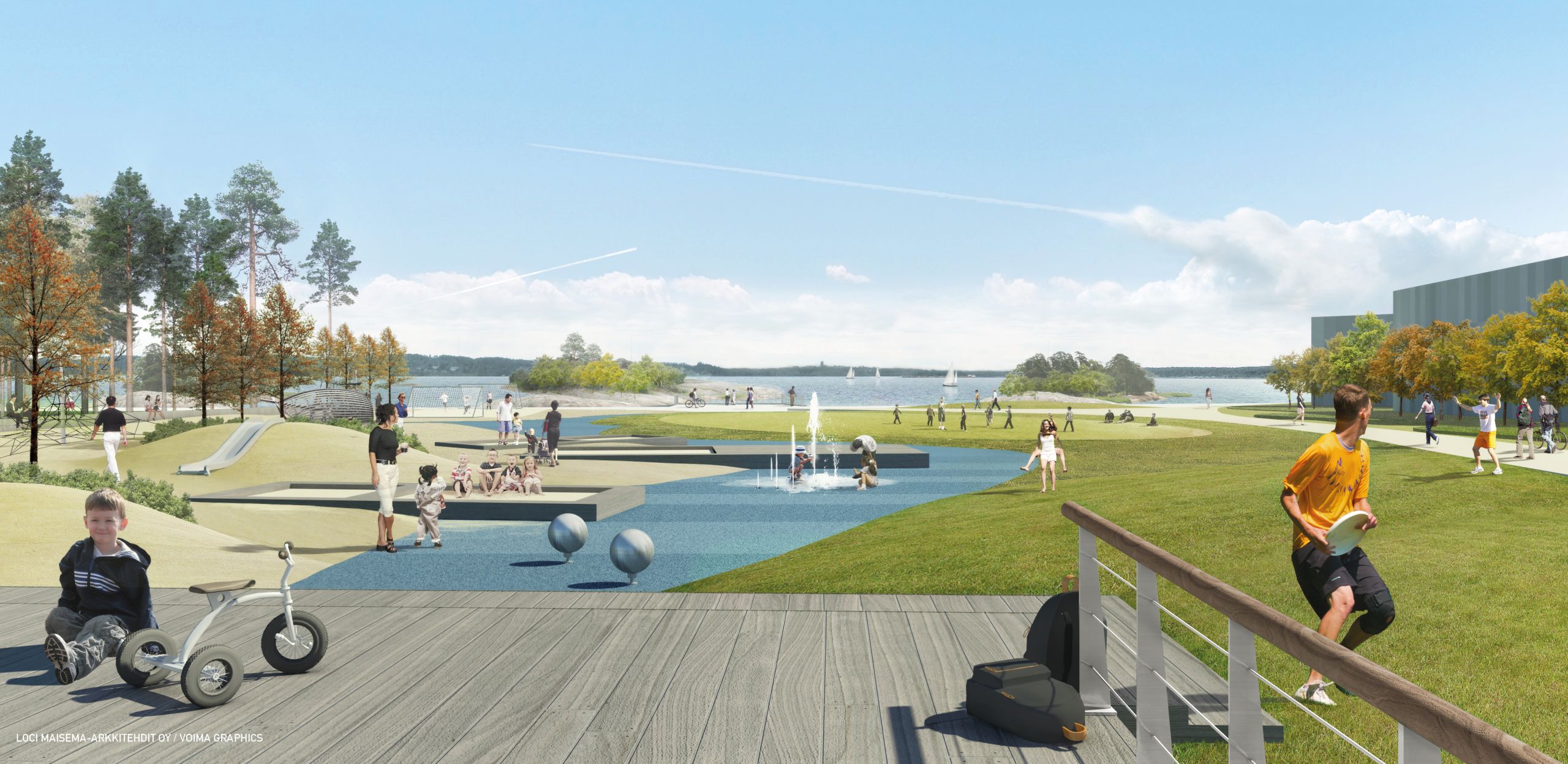 illustration of park and landscape with people playing and doing sports