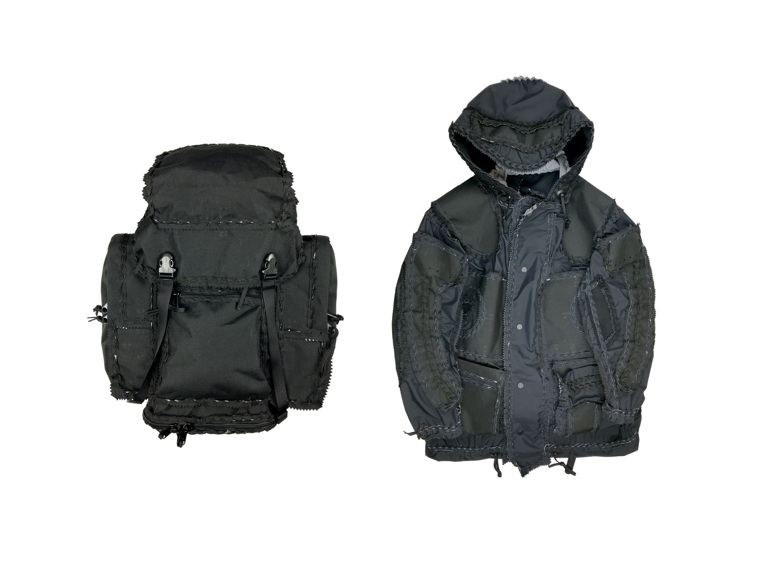 jacket and backpack in shiny material