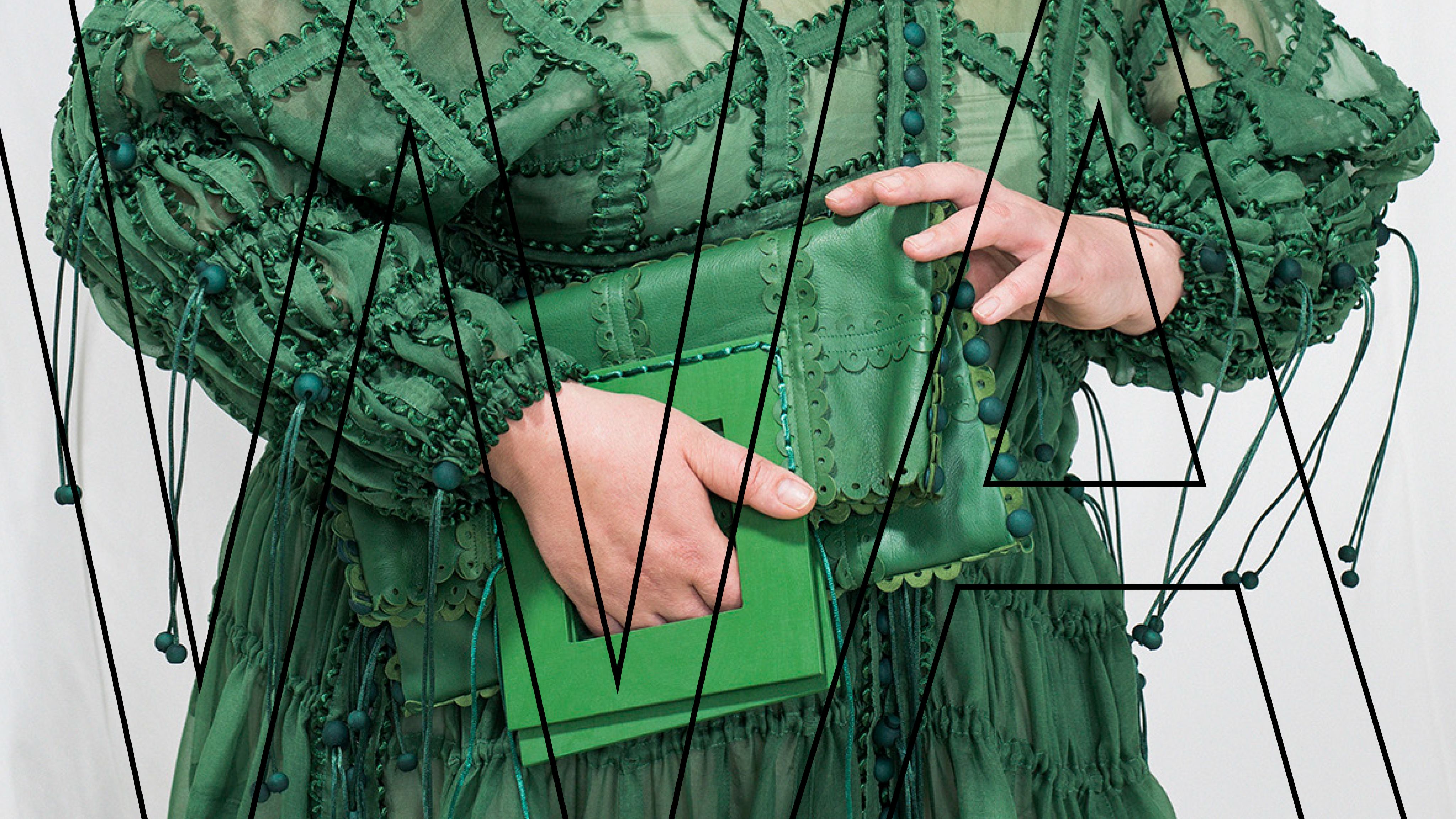 green modular dress and bag